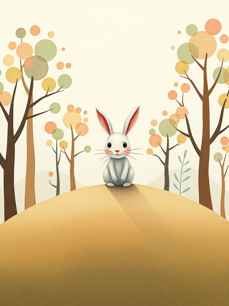 Create a whimsical illustration of a rabbit sitting on a textured hill, surrounded by abstract trees with circular foliage, soft pastel colors, slight textures, wide-angle view, shot with a DSLR camera at f/8, ISO 100, and a shutter speed of 1/200s.