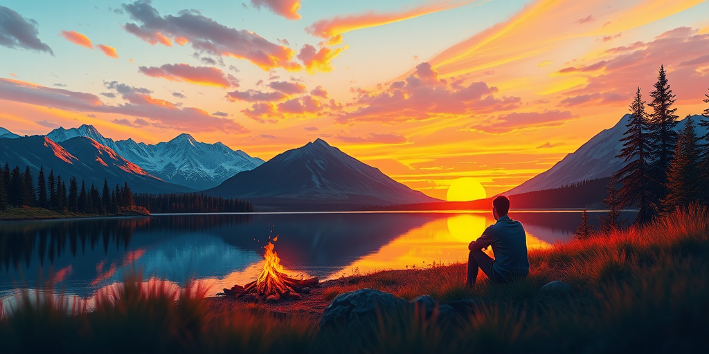 Create a vibrant sunset landscape illustration featuring a person sitting by a tranquil lake with a campfire, surrounded by mountains and pine trees, captured with a DSLR camera at f/8 aperture, ISO 100, 1/125 second shutter speed, using a wide-angle lens for depth and clarity, with a soft focus on the foreground for enhanced atmosphere.