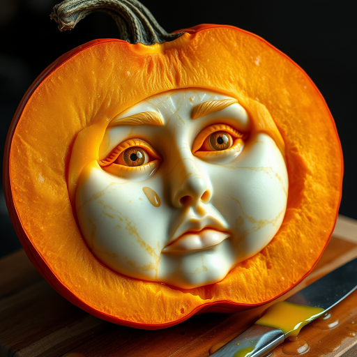 A hyperdetailed photorealistic macro color saturated high resolution image of a pumpkin cut in half, with the pumpkin pit being a highly detailed sculpted woman's face with her eyes open and pumpkin-colored irises. The face has a marble texture. The image includes condensation, moisture, and pumpkin juice. The pumpkin is on a wooden cutting board with a small fruit knife nearby, also covered with juice.