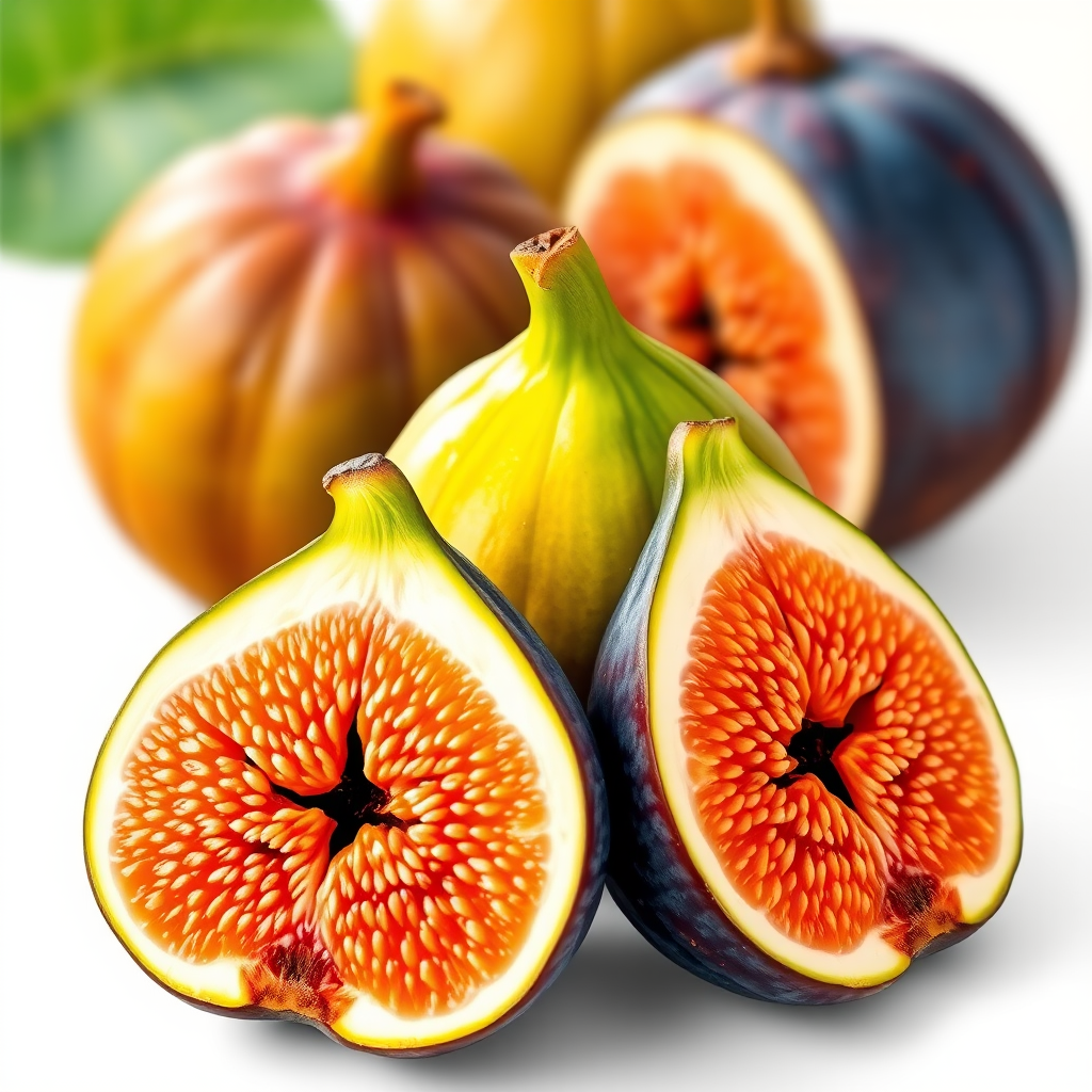 create a detailed illustration of a fresh fig fruit, showcasing both whole and sliced views, emphasizing vibrant colors and textures, shot with a DSLR camera at f/2.8, 50mm lens, soft natural lighting, and a shallow depth of field to enhance image quality.