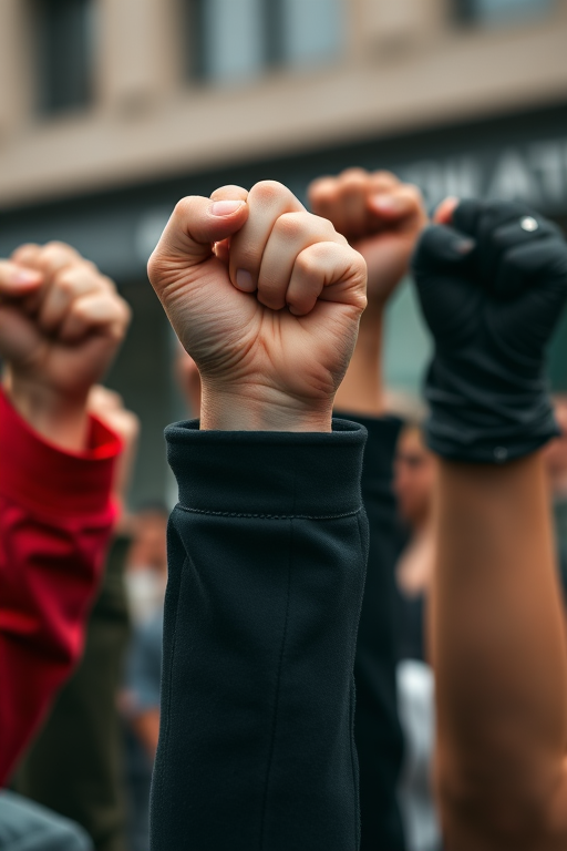 Create an image of raised fists, some in red and some in black, symbolizing solidarity and resistance, captured with a DSLR camera at f/2.8 aperture, ISO 100, 50mm lens, shot from a low angle with a shallow depth of field to emphasize the fists and blur the background.