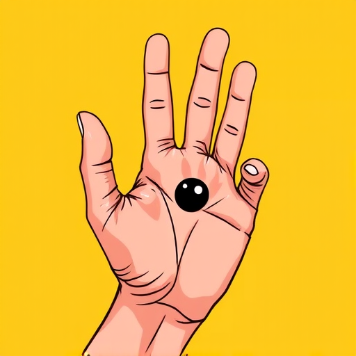 Create a high-resolution illustration of a hand making an "OK" gesture with a stylized black eye in the center, set against a warm yellow background; use a Canon EOS 5D Mark IV camera with a 50mm lens, aperture f/2.8, ISO 100, shot from a slightly elevated angle in natural light for enhanced clarity and contrast.