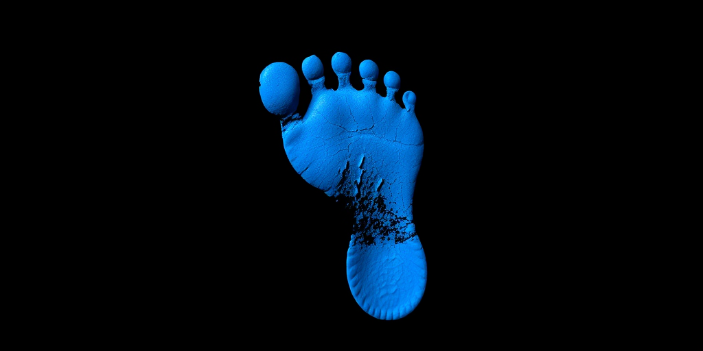 Create a high-resolution image of a blue footprint on a black background, using a Canon EOS 5D Mark IV, aperture f/4, focal length 50mm, ISO 100, with a shallow depth of field and soft lighting to enhance the colors and details.