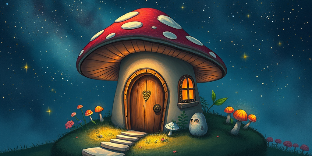 this image is illustration of a mushroom house with a door and a window, a storybook , fantasy art, mushroom house, bg starry sky, sparkles