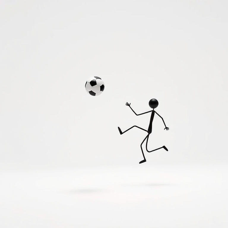 Create an image of a 3D stick figure juggling a soccer ball in a minimalistic white background, captured with a Canon EOS R5, 50mm f/1.2 lens, aperture at f/2.8, ISO 100, and 1/200 shutter speed, using a shallow depth of field for better focus on the figure.
