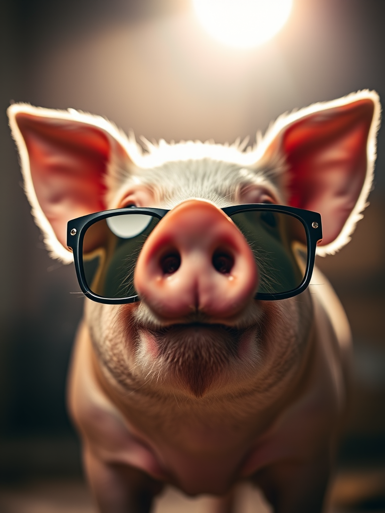 A close-up shot of a pig wearing stylish sunglasses, captured with a DSLR camera using a 50mm lens at f/1.8 aperture, ISO 100, and 1/200 second shutter speed, in a dramatic lighting setting with a soft-focus background.