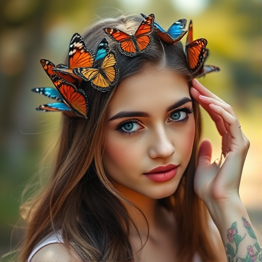 Create an image of a young woman with a crown of colorful butterflies in her hair, softly touching her hair, set in a natural outdoor environment with a shallow depth of field, captured with a Canon EOS 5D Mark IV using a 50mm f/1.8 lens, at f/2.8, ISO 200, 1/250s, with vibrant colors and a painterly effect.