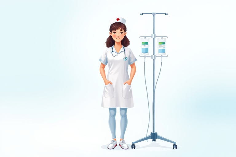 Create a vector illustration of a cheerful nurse standing next to an IV stand with two bags, in a soft gradient background featuring shades of blue and white, using a Canon EOS R5 with a 50mm lens, f/1.8 aperture, ISO 100, and a shallow depth of field for a professional look.
