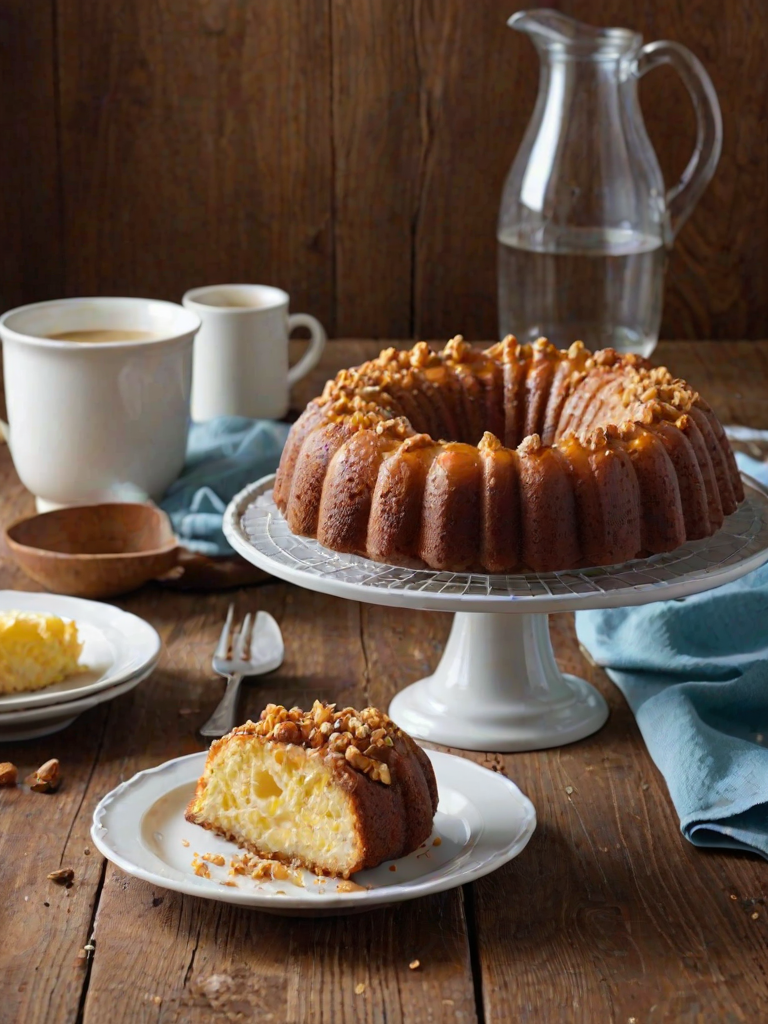 Generate an image of a freshly baked dessert in a bundt pan. The dessert should have a golden-brown, crispy topping and a moist, creamy interior. Surround the pan with ingredients like eggs, butter, and a glass of milk, with a rustic wooden table as the background. Add a light blue cloth draped nearby for a touch of color.