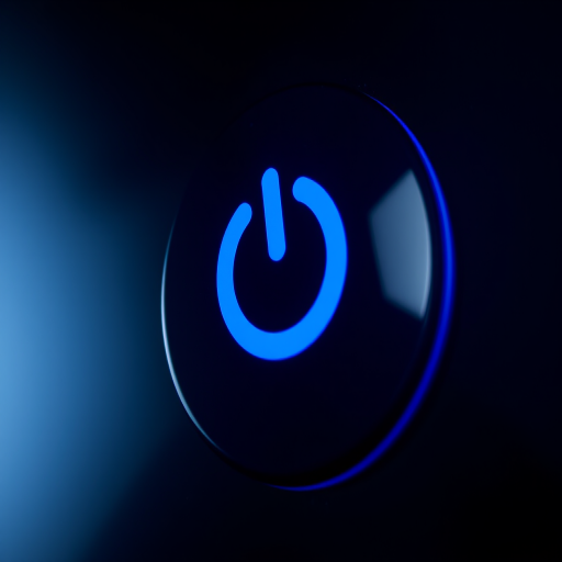Create a high-resolution image of a blue power button icon with a glossy finish on a dark background, 50mm lens, f/2.8 aperture, ISO 100, taken with a DSLR camera from a straight-on view, using a studio lighting setup to enhance reflections and depth.
