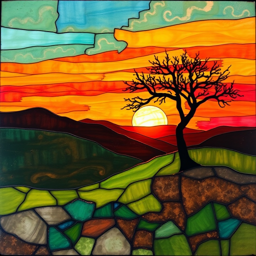 A vibrant abstract painting on Tiffany Glass, blending acrylic and alcohol ink techniques, captures a dramatic sunset over rolling hills. The artwork features a textured, rocky foreground in green and brown, layered abstract hills, and a striking sunset in rich oranges, yellows, and reds. A solitary black tree with intricate branches contrasts against the fiery sky, creating a dynamic and expressive portrayal of a breathtaking natural scene.