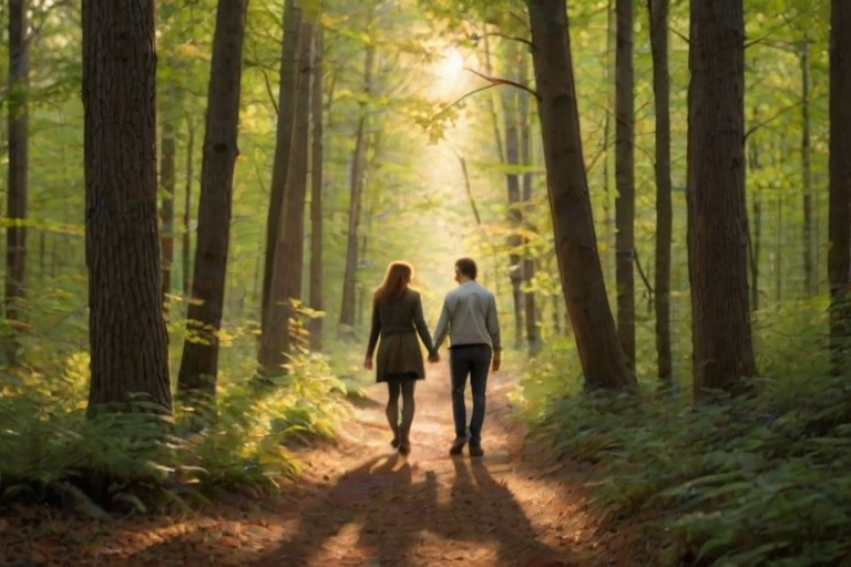Warm, softly lit image of a couple walking hand-in-hand through a quiet forest, sunlight filtering through the trees, soft crunch of leaves underfoot, a sense of peace and tranquility in the air, distant birds chirping in the background.