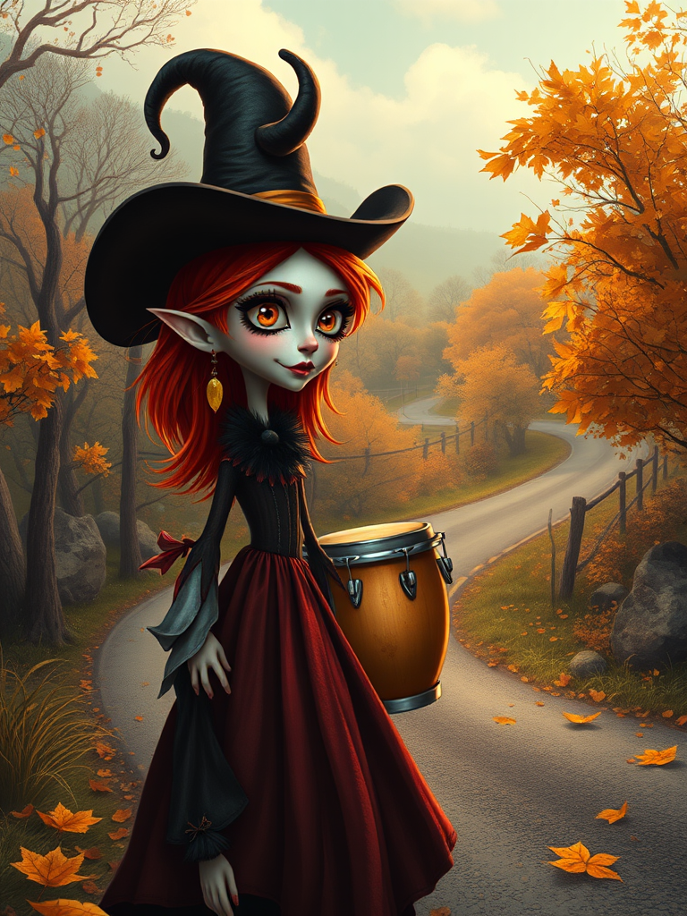 digital art fantasy depicting a strange girl with red hair, long eyelashes, Yellow lipstick and a tall hat walking along a winding road on an autumn afternoon, an Bongo smiles as she passes