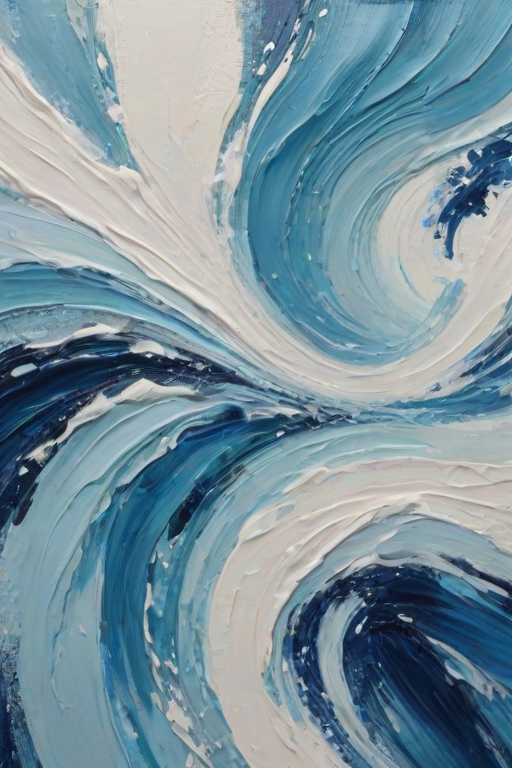 create an abstract painting with varying shades of blue and white, featuring thick, textured brush strokes that evoke the feeling of ocean waves and sky.