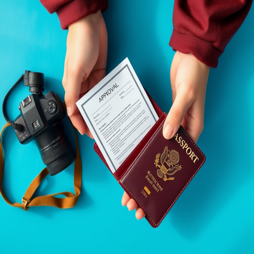 Create an image of a hand holding a brown wallet with a passport and an approval document on a bright blue background, shot with a DSLR camera at f/2.8, 1/125s, ISO 100, top-down view, with soft natural lighting.