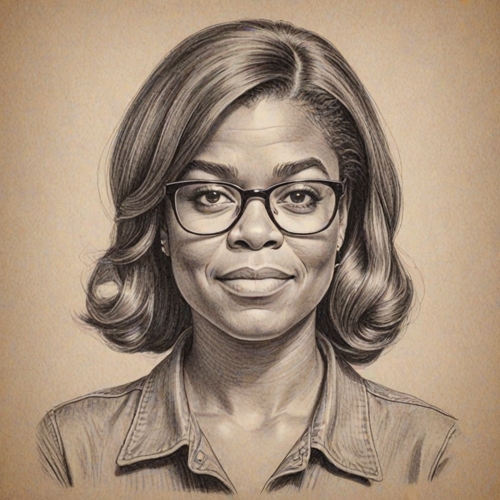 Splendid Tracy Morgan, pencil sketch, portrait of Delightful woman 1974s in glasses, hair style beatnik, outline, clear lines, fine lines, 8k