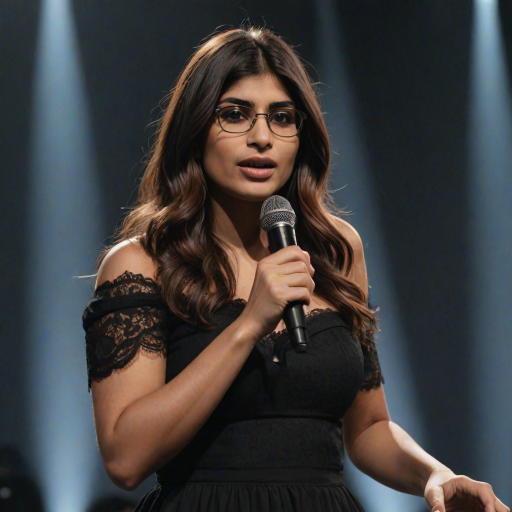 mia khalifa with long, flowing brown hair is standing in the center of the frame, holding a microphone in her right hand, and looking slightly off to the right side of the frame. She is wearing a black, off-the-shoulder dress with delicate lace detailing. The lighting is warm and dramatic, creating a spotlight effect on the singer. There are other figures in the background, blurred and out of focus, suggesting a concert or performance setting. The camera angle is low, capturing the woman from the waist up. The overall atmosphere is intimate and captivating.