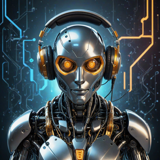 Create an image of a futuristic robot with a sleek metallic design. The robot should have a digital display showing the letters "AT" in bright colors. It is wearing headphones and has an engaging expression. The background should feature abstract tech elements with glowing lights and circuits, conveying a sense of advanced technology and innovation.