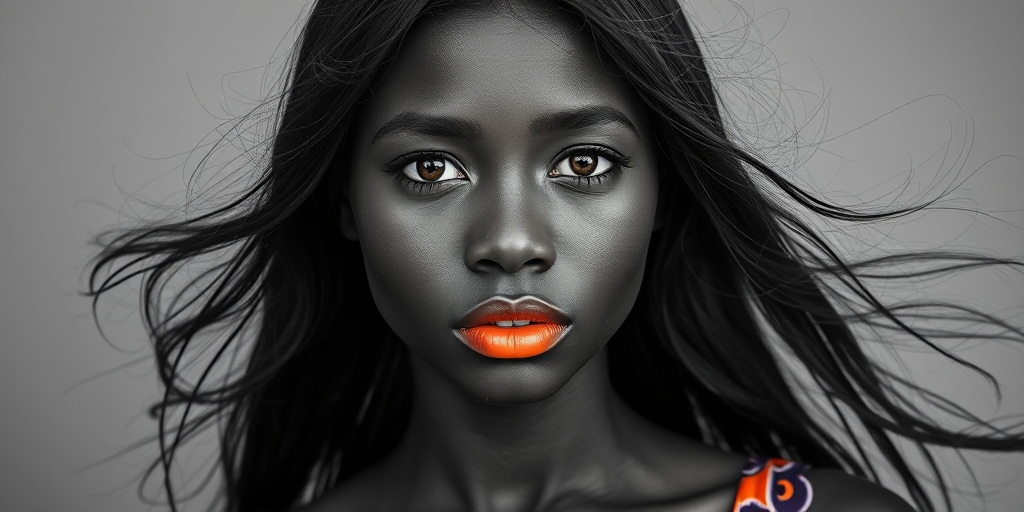 Photographic image of a beautiful young Hausa woman, cyan eyes, lips with orange lipstick, long hair fluttering in the wind and wearing a silk strapless dress with a soft purple and orange print. monochrome image with only color highlights in the iris of the eyes, lipstick and dress. Gray background.