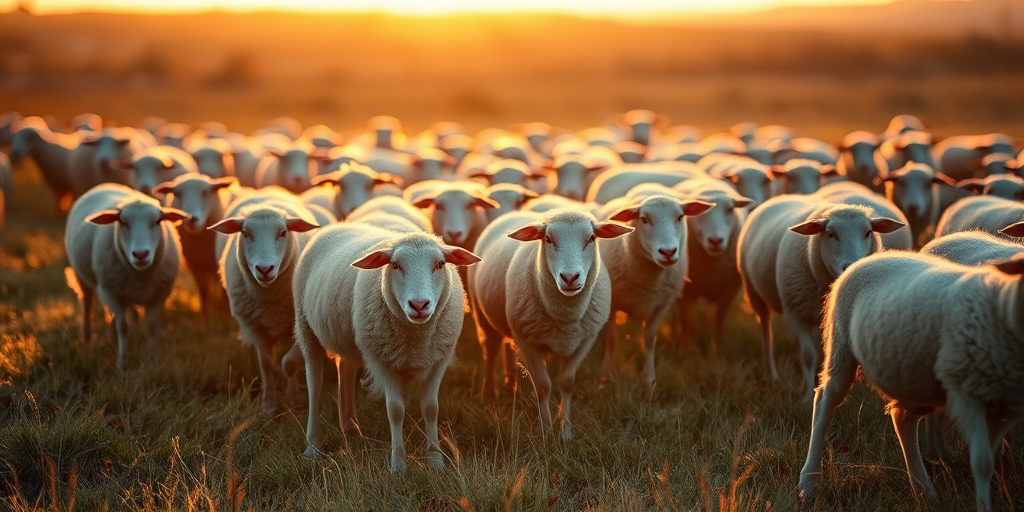 A flock of sheep grazing in a grassy field during golden hour, captured with a Canon EOS 90D, 50mm lens, f/2.8 aperture, ISO 100, 1/250 sec, soft focus for depth, capturing natural colors and warm light.