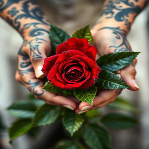 hands with intricate tattoos holding a realistic red rose surrounded by green leaves, soft focus, 50mm lens, f/2.8 aperture, natural light, shallow depth of field, macro photography, DSLR camera