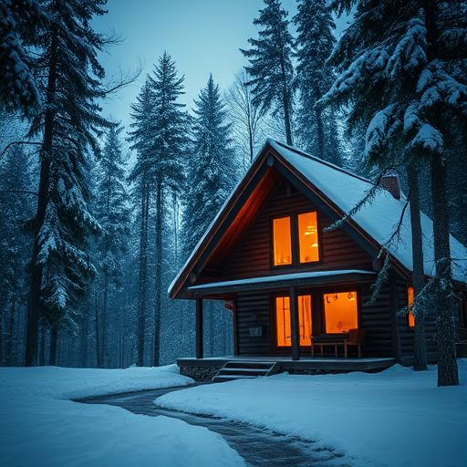 A cozy cabin in a snowy forest at twilight with warm light glowing from the windows, snowflakes gently falling, captured with a DSLR camera, 35mm lens, f/2.8 aperture, ISO 400, 1/60 second shutter speed, soft focus, wide-angle view.
