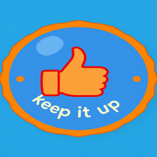 Create a digital illustration of a circular badge featuring a thumbs-up icon in the center, with the text "keep it up" in a playful font, using a vibrant blue background and orange border, shot with a DSLR camera at f/8 aperture, ISO 100, 50mm lens, and soft lighting to enhance clarity and color vibrancy.