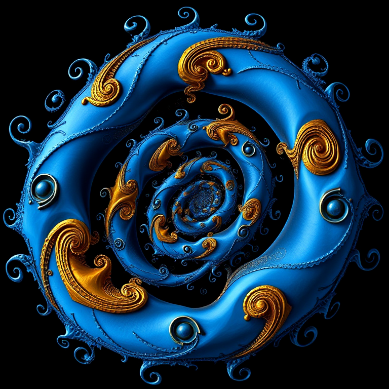Generate a high-resolution fractal art image featuring intricate blue and gold spirals on a black background, using a wide-angle lens at f/8, ISO 100, 1/60 sec exposure, shot with a DSLR camera from a frontal view to enhance detail and sharpness.