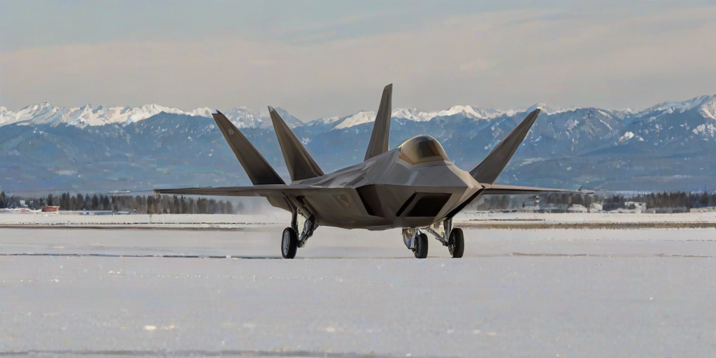 This photograph captures a sleek, gray (F-22 Raptor:2.0) fighter jet on a runway, with a backdrop of a snow-capped mountain range under a clear blue sky. The jet's sleek, angular design and metallic surface reflect the light, giving it a sharp, high-tech appearance. The aircraft's tail section bears the designation "TY" and the serial number "TY-123." The jet's landing gear is extended, with the main wheels and nose gear visible. The background features a range of snow-capped mountains, with the highest peaks shrouded in a light mist, adding a sense of depth and grandeur to the scene. The runway itself is a wide, flat expanse of concrete, with a yellow "F" marking at the end, indicating the direction of the runway. The overall atmosphere is one of precision and readiness, with the jet poised for takeoff or landing. The photograph's clarity and detail highlight the aircraft's advanced design and the rugged, natural environment surrounding it. The image is taken during the day, with natural light illuminating the scene.
