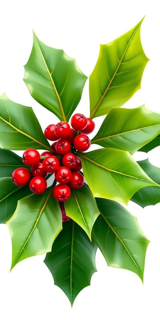 Create a high-resolution illustration of a holly plant featuring vibrant green leaves and bright red berries, with a clean, flat background, shot with a DSLR camera at f/4 aperture, 1/250 sec shutter speed, ISO 100, and a slight macro lens effect to highlight the details of the leaves and berries.