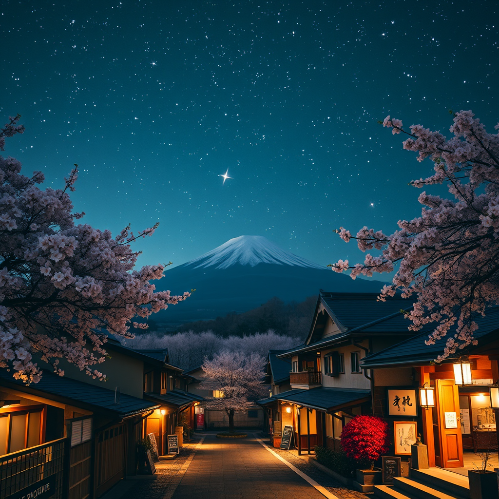 generate a vibrant night scene of a traditional Japanese village with illuminated buildings and cherry blossoms under a starry sky, featuring Mount Fuji in the background, shot with a Canon EOS R5, ISO 100, f/8, 30 seconds exposure, wide-angle lens at 24mm, enhanced colors and sharp details in a cinematic style