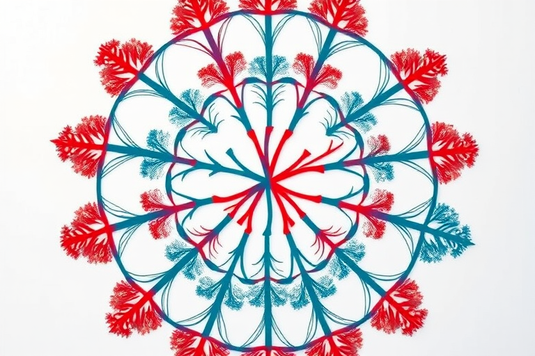 Create a vibrant circular geometric pattern featuring interlocking tree silhouettes in red and teal on a white background, shot with a Canon EOS R5 at f/8, 24mm, ISO 100, in a flat lay style for optimal clarity and detail.