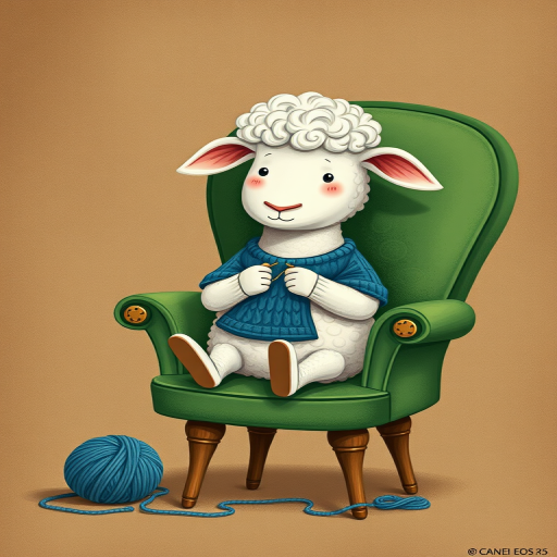 A whimsical illustration of a sheep with curly hair sitting on a green chair, knitting a blue sweater, with a ball of yarn nearby, set on a textured brown background, captured with a Canon EOS R5, 50mm lens, f/2.8, ISO 100, soft lighting for enhanced detail and a shallow depth of field.