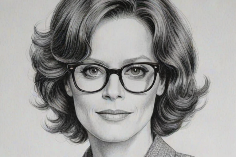 Beautiful Sigourney Weaver, pencil sketch, portrait of beautiful woman 60s in glasses, hair style beatnik, outline, clear lines, fine lines, 8k
