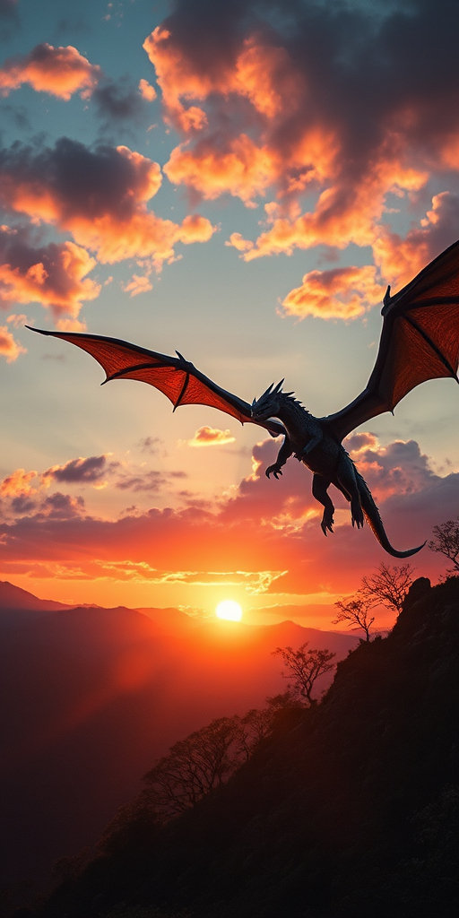 Create a detailed and vibrant image of a fantastical dragon flying over a mystical landscape during sunset, with a 50mm lens at f/1.8 aperture, ISO 200, and a slight vignette effect, using a DSLR camera for high-resolution quality and vivid colors.