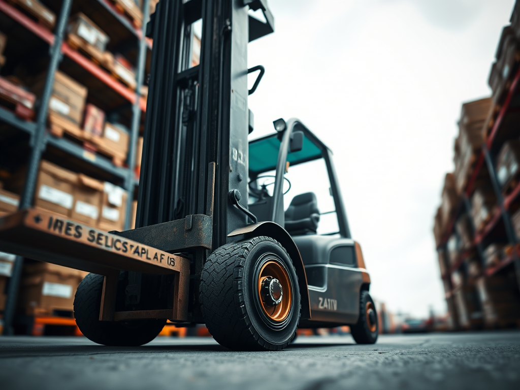 a high-resolution image of a forklift captured from a low angle view, using a DSLR camera with a 50mm lens, aperture set to f/2.8 for a shallow depth of field, ISO 100 for optimal light quality, and a soft focus background to highlight the foreground subject