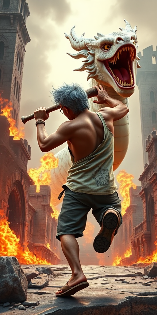 Cartoon 3D High-Resolution,dynamic battle scene using Unreal Engine 5 and Octane Render. The scene features back of an elderly, thai man with a beard,messy hair and round golden-rimmed glasses. He is wearing a tattered tank top with soot marks, shorts, and sandals. sweating. he wields a baseball bat. He jump to fight with a white fire-breathing Europe dragon amidst a partially destroyed stone castle. Include intense flames, smoke, and debris to enhance the dramatic effect.