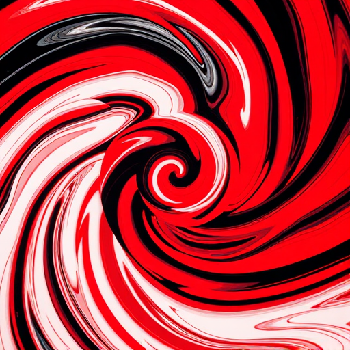Create an abstract swirl pattern with vibrant red, black, and white colors, using a Canon EOS R6, aperture f/8, ISO 100, 50mm lens, shot from a top-down view to enhance depth and contrast.