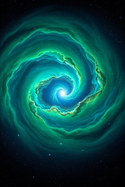 Generate a vibrant cosmic sphere with swirling green and blue nebulae, bright stars, and a prominent light source in a dark space background, captured with a Canon EOS R5, 24mm lens, f/2.8 aperture, ISO 100, at a panoramic view for enhanced depth and detail.