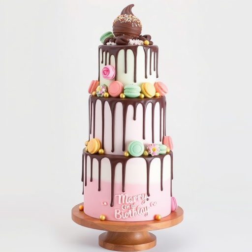 Create an image of a tall multi-tiered cake with pastel colors including pink and mint green. The cake should have chocolate drips cascading down the sides and be adorned with colorful macarons, gold balls, and small decorative flowers. At the top, there should be an ice cream cone along with a scoop of chocolate ice cream and sprinkles. The cake is displayed on a round wooden cake stand with a decorative base.