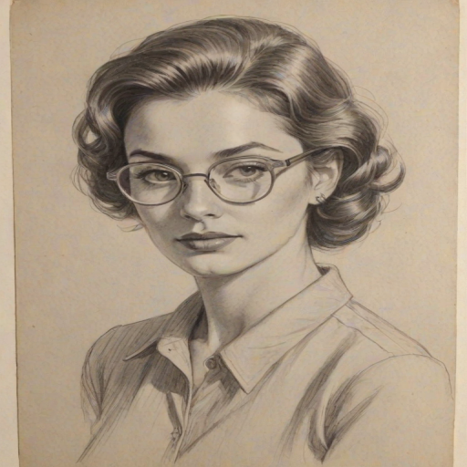 Beauteous Annie Jacob, pencil sketch, portrait of Beauteous woman 1951s in glasses, hair style beatnik, outline, clear lines, fine lines, 8k