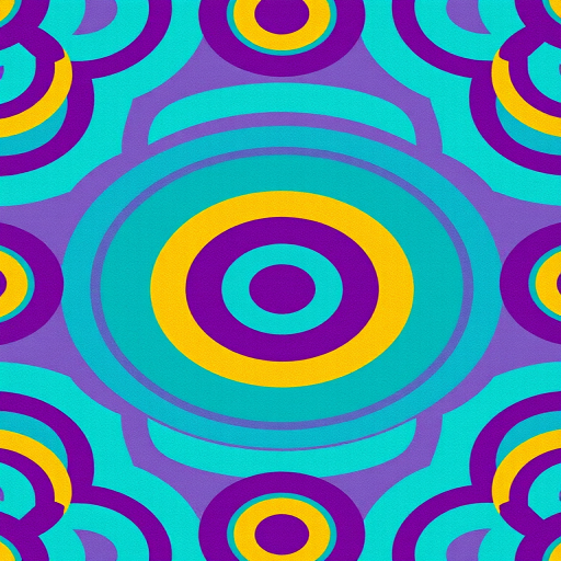 Generate an image of a vibrant, geometric pattern featuring concentric circles in shades of turquoise, purple, and gold arranged in a grid, with high clarity and detail, captured using a DSLR camera with a 50mm lens, aperture f/1.8, ISO 100, and a top-down view to emphasize symmetry and depth.