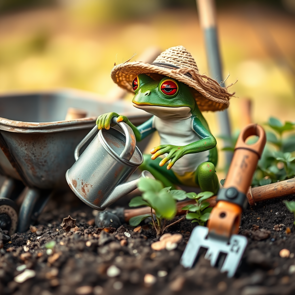 Create a whimsical scene featuring a frog in a straw hat watering plants with a metallic watering can, surrounded by gardening tools like a wheelbarrow, rake, and spade, captured with a DSLR camera, 50mm lens, f/2.8 aperture, 1/200 sec shutter speed, and natural daylight for enhanced color vibrancy and depth of field.