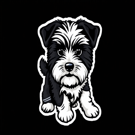 this image is sticker, 3D black and white peekapoo dog breed, black background