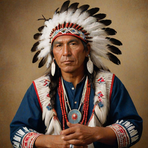 Create a dignified portrait of a Native American man dressed in traditional attire. He wears a beautifully crafted headdress adorned with white feathers and red beads, along with a beaded headband featuring intricate patterns. His clothing includes a deep blue, patterned shirt and a traditional chest piece with detailed beadwork. His arms are crossed, displaying leather armbands decorated with feathers. The background is simple and neutral, emphasizing his proud and stoic expression. The overall image captures the rich cultural heritage and strength of his persona.