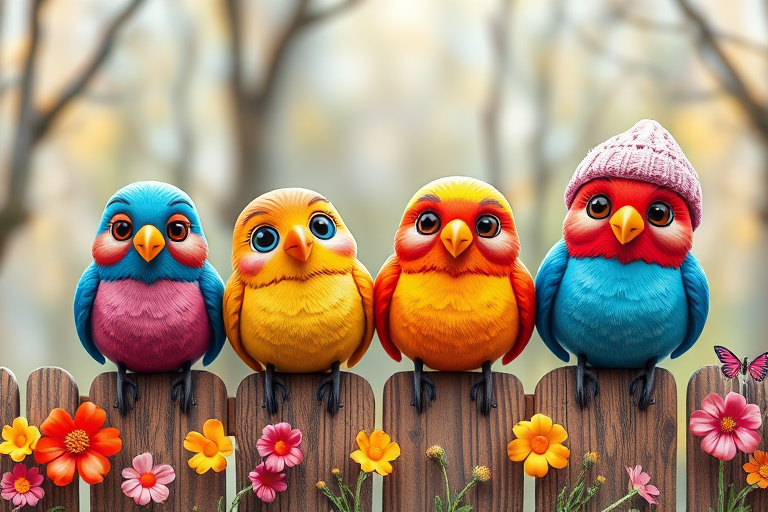create a scene of 4 quirky  whimsical colourful comical birds each with a funny expression. they are sat on a wooden fence with colourful flowers. they are all different sizes. each one is a different colour  one is wearing a woolly hat. Each one has a different quirky google expression and there is a muted background of trees watercolour paintierly style high definition 8k resolution 3D paper mache