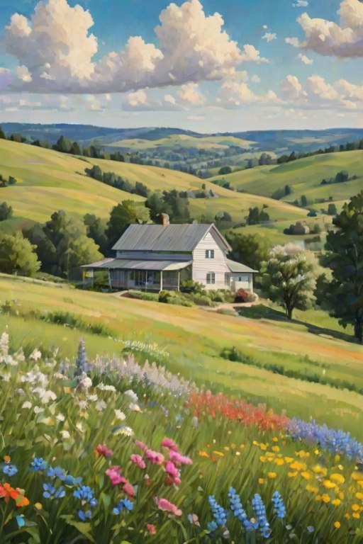 Serene countryside scene, with rolling hills, a quaint farmhouse surrounded by blooming wildflowers, and a blue sky dotted with fluffy clouds, evoking a sense of tranquility.