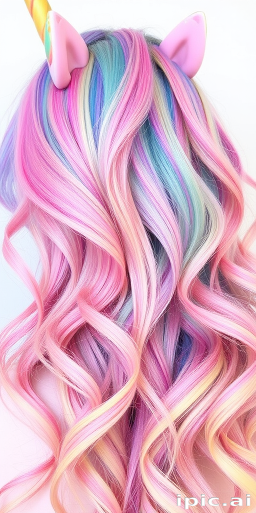 Whimsical pastel rainbow hair featuring soft waves and strategically placed color blocks, creating a dreamy watercolor effect in the playful "Unicorn's Mane" style