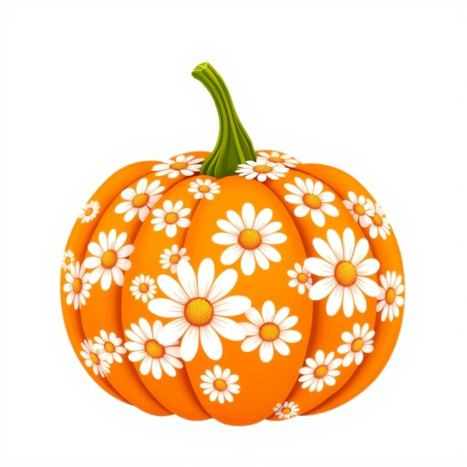 a whimsical orange pumpkin with white daises pattern covering the pumpkin. Solid white background sublimation vector 3000dpi 32k