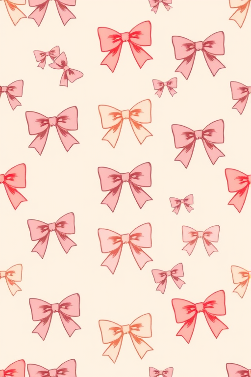 Create a repeating pattern of various bows in shades of pink and cream on a light beige background. The bows should have a hand-drawn or sketched appearance, with some bows being larger and others smaller, arranged in a balanced and aesthetically pleasing manner.